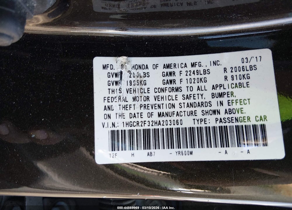 2017 HONDA ACCORD LX VIN: 1HGCR2F32HA203060