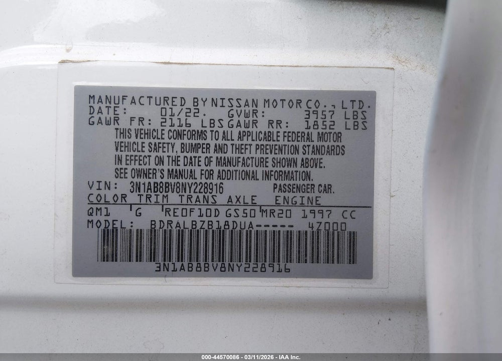 2022 NISSAN SENTRA S XTRONIC CVT VIN: 3N1AB8BV8NY228916