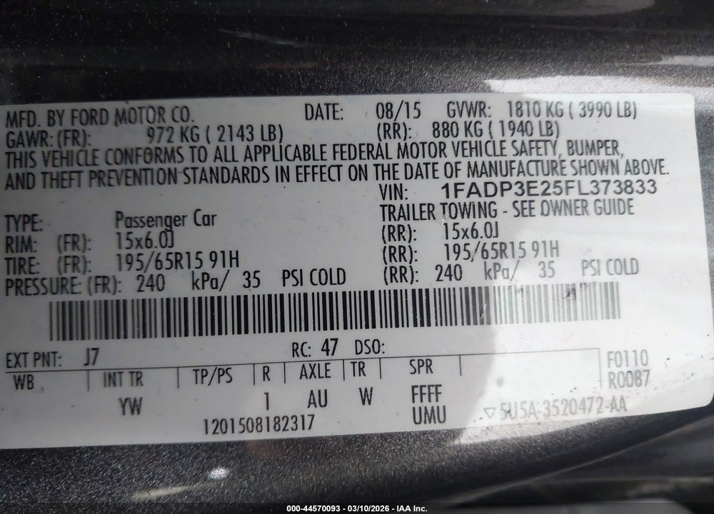 2015 FORD FOCUS S VIN: 1FADP3E25FL373833
