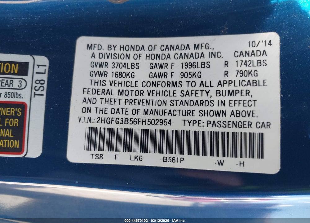2015 HONDA CIVIC LX VIN: 2HGFG3B56FH502954