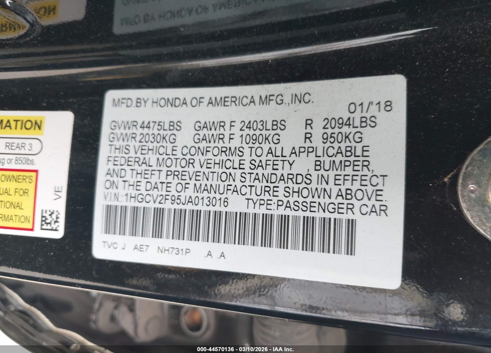 2018 HONDA ACCORD TOURING 2.0T VIN: 1HGCV2F95JA013016