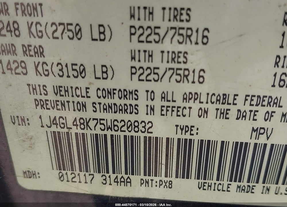 2005 JEEP LIBERTY SPORT VIN: 1J4GL48K75W620832