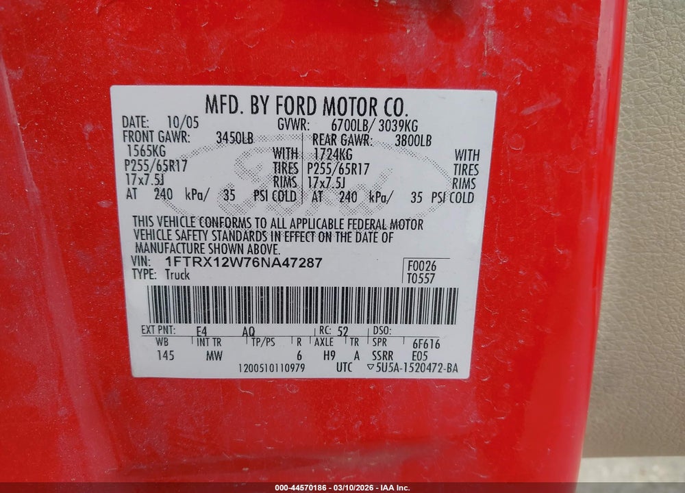 2006 FORD F-150 STX/XLT/XL VIN: 1FTRX12W76NA47287