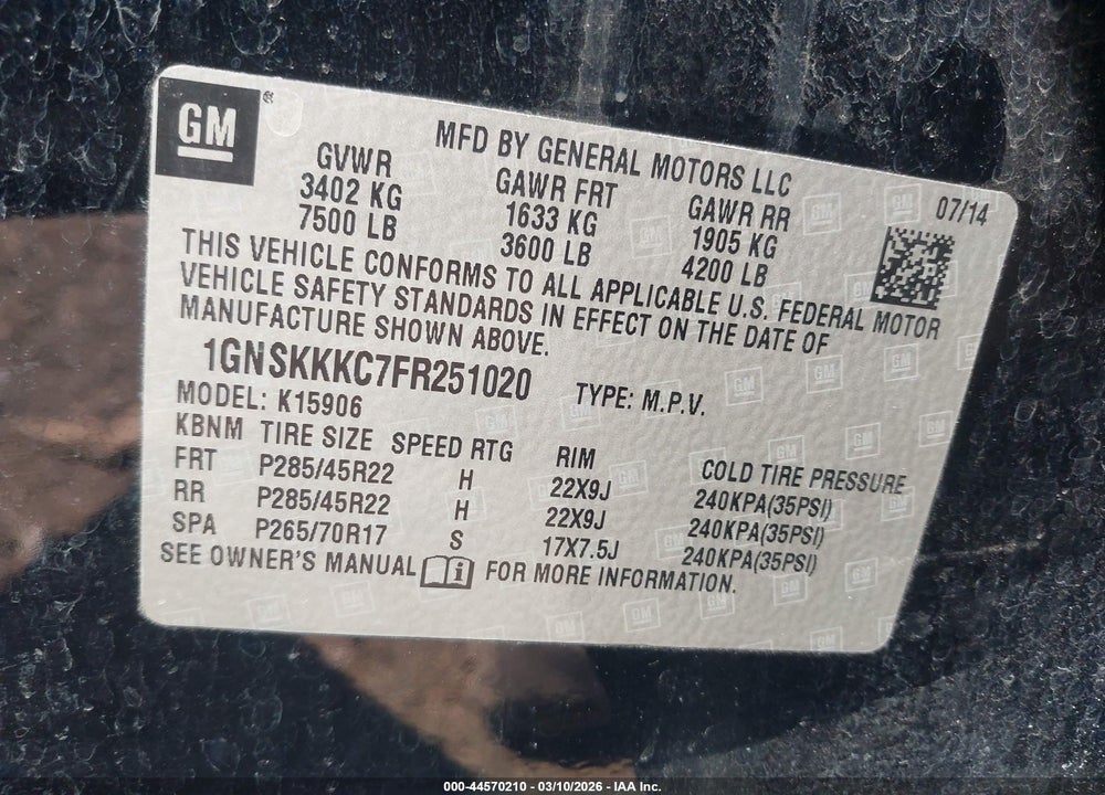 2015 CHEVROLET SUBURBAN 1500 LTZ VIN: 1GNSKKKC7FR251020