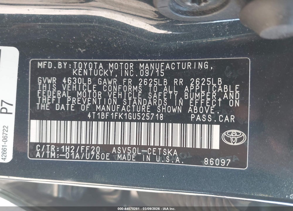 2016 TOYOTA CAMRY SE VIN: 4T1BF1FK1GU525718