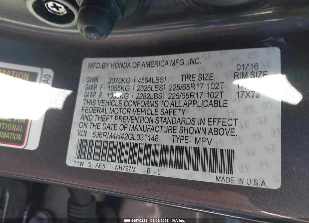 2016 HONDA CR-V SE VIN: 5J6RM4H42GL031148