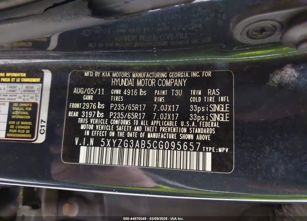 2012 HYUNDAI SANTA FE GLS VIN: 5XYZG3AB5CG095657
