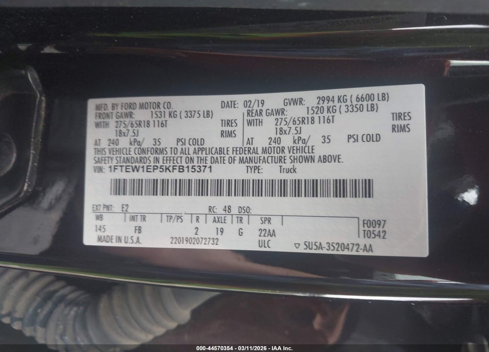 2019 FORD F-150 XLT VIN: 1FTEW1EP5KFB15371