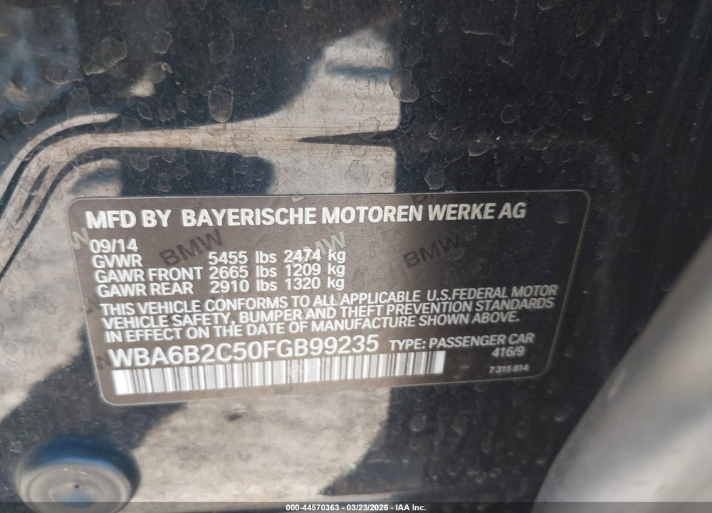 2015 BMW 650I GRAN COUPE VIN: WBA6B2C50FGB99235