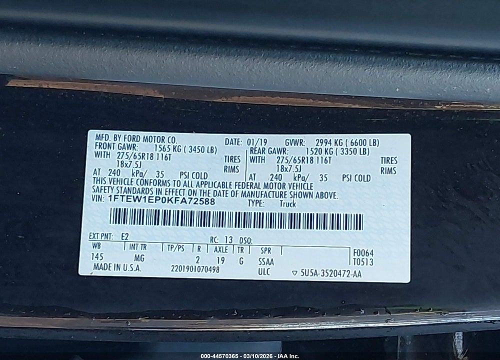 2019 FORD F-150 XLT VIN: 1FTEW1EP0KFA72588