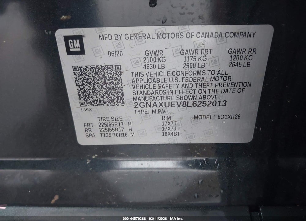 2020 CHEVROLET EQUINOX AWD LT 1.5L TURBO VIN: 2GNAXUEV8L6252013