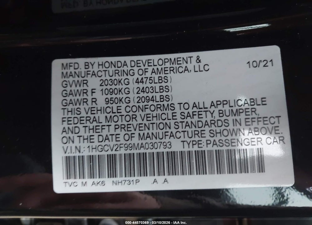 2021 HONDA ACCORD TOURING VIN: 1HGCV2F99MA030793
