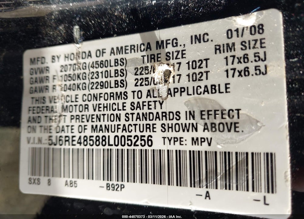 2008 HONDA CR-V EX VIN: 5J6RE48588L005256