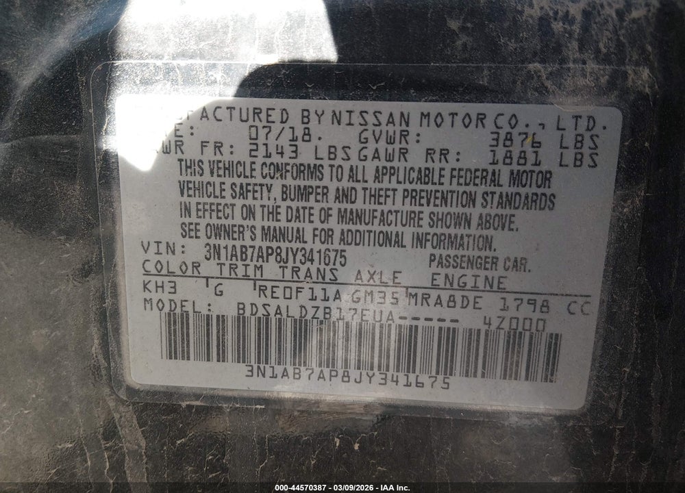 2018 NISSAN SENTRA SV VIN: 3N1AB7AP8JY341675