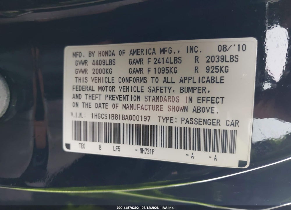 2011 HONDA ACCORD 2.4 EX-L VIN: 1HGCS1B81BA000197