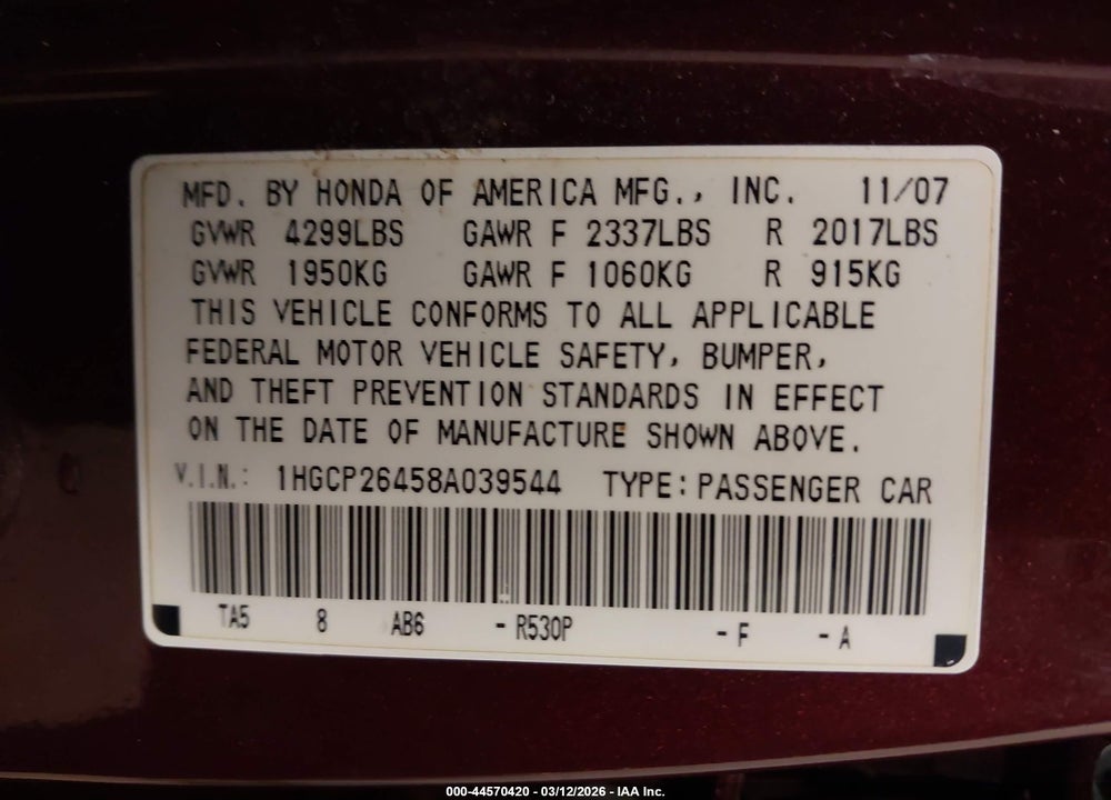 2008 HONDA ACCORD 2.4 LX-P VIN: 1HGCP26458A039544