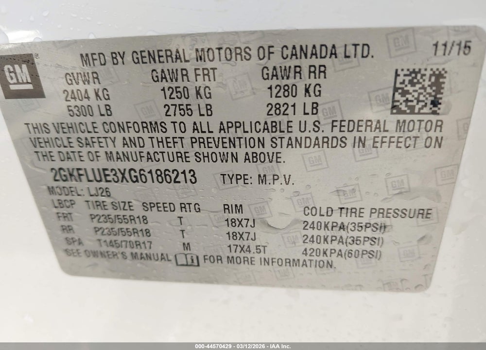 2016 GMC TERRAIN SLT VIN: 2GKFLUE3XG6186213