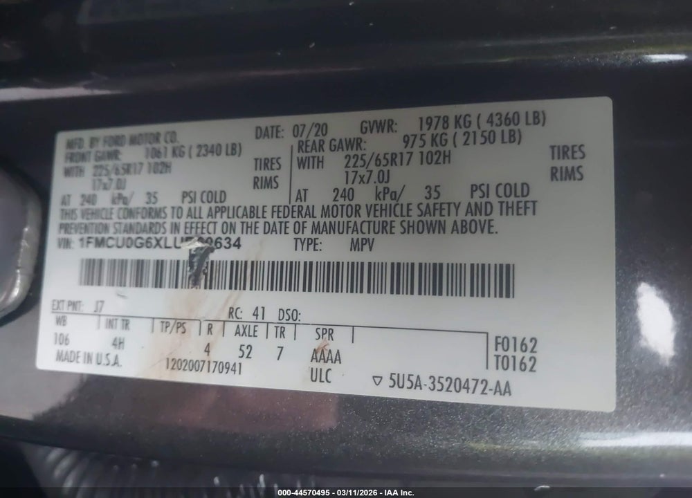 2020 FORD ESCAPE SE VIN: 1FMCU0G6XLUB60634