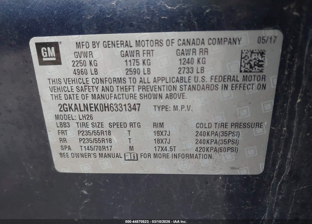 2017 GMC TERRAIN SLE-2 VIN: 2GKALNEK0H6331347