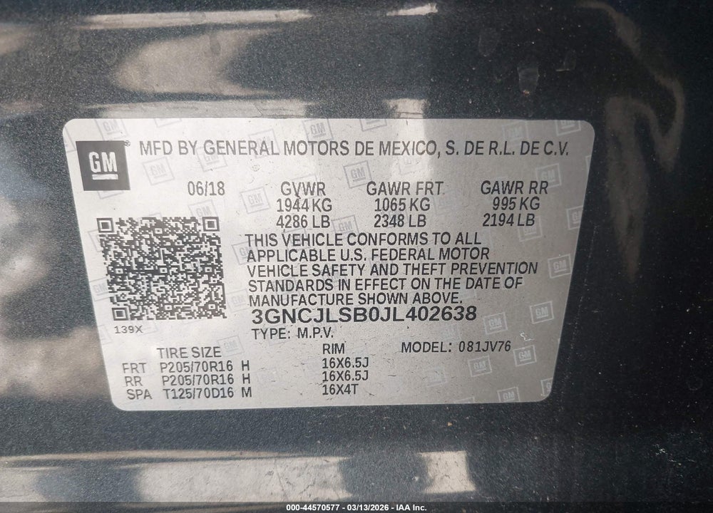 2018 CHEVROLET TRAX LT VIN: 3GNCJLSB0JL402638