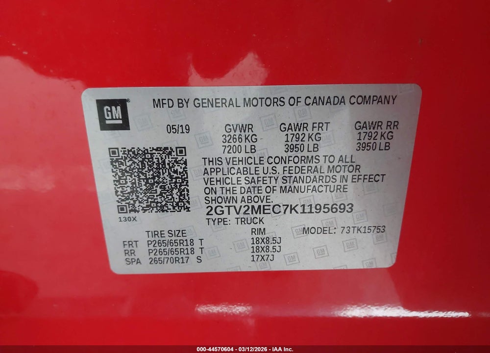 2019 GMC SIERRA 1500 LIMITED SLE VIN: 2GTV2MEC7K1195693