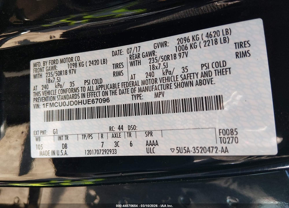 2017 FORD ESCAPE TITANIUM VIN: 1FMCU0JD0HUE67096