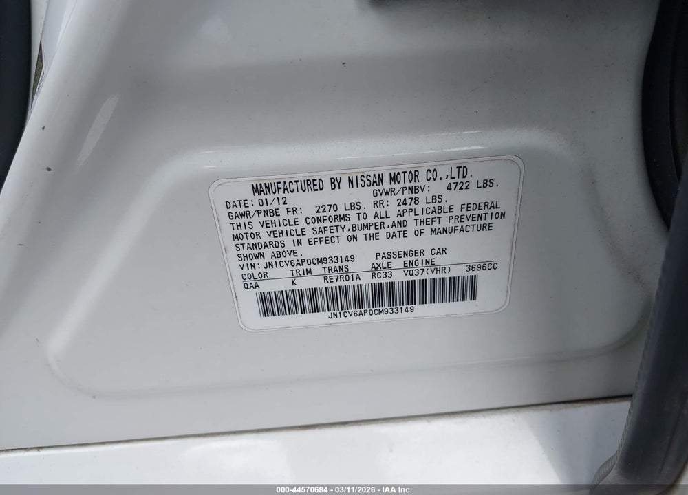 2012 INFINITI G37 JOURNEY VIN: JN1CV6AP0CM933149
