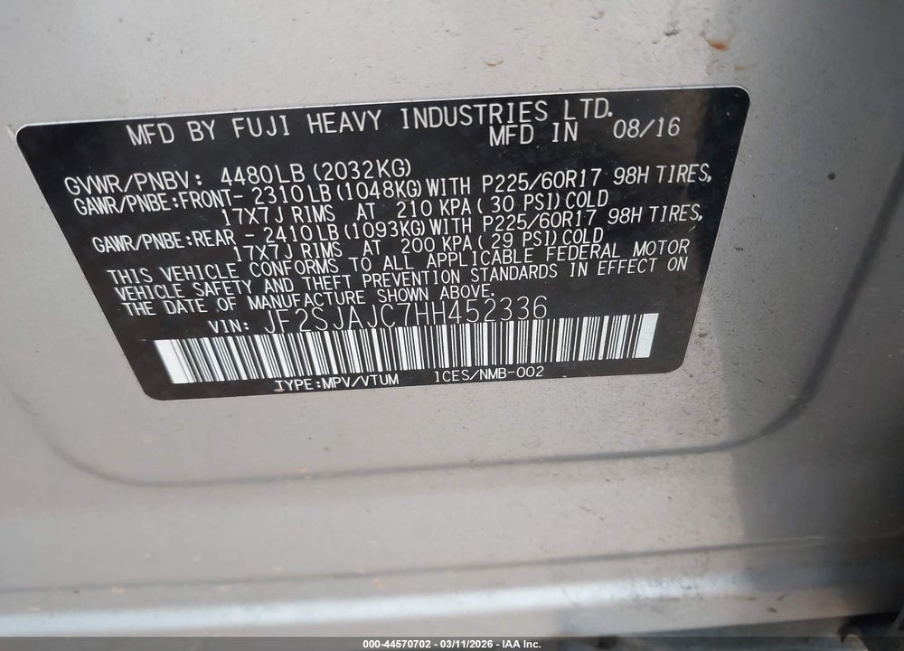 2017 SUBARU FORESTER 2.5I LIMITED VIN: JF2SJAJC7HH452336