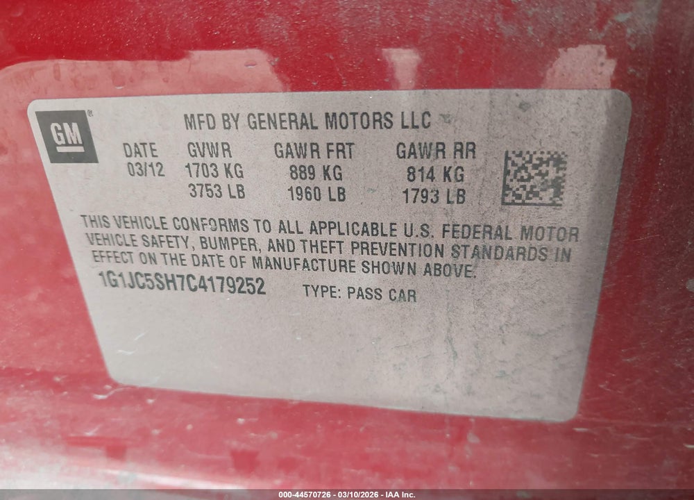 2012 CHEVROLET SONIC 2LT VIN: 1G1JC5SH7C4179252