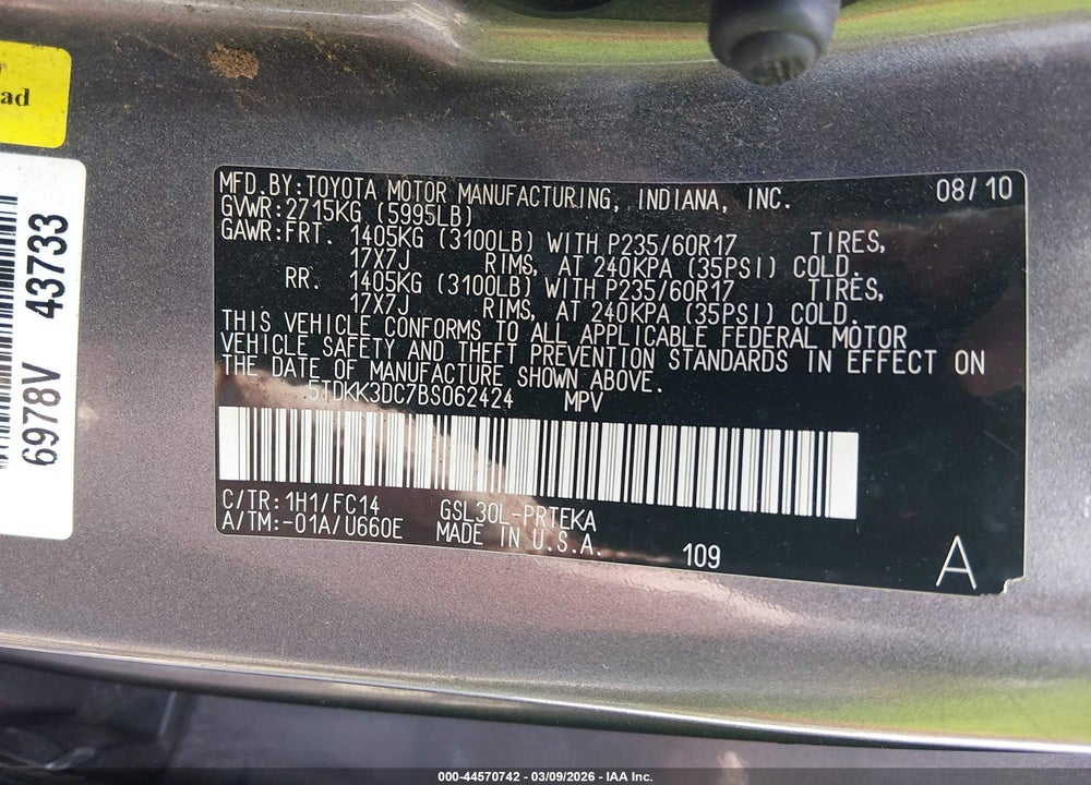 2011 TOYOTA SIENNA LE V6 VIN: 5TDKK3DC7BS062424