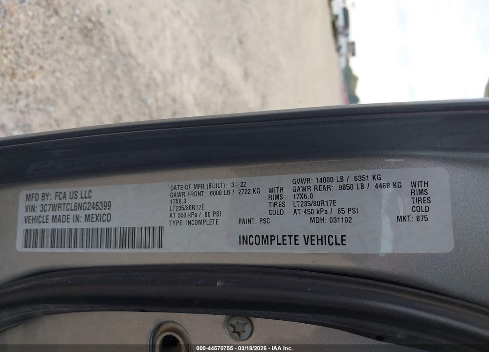 2022 RAM 3500 CHASSIS TRADESMAN/SLT/LAIE/LIMITED VIN: 3C7WRTCL6NG246399