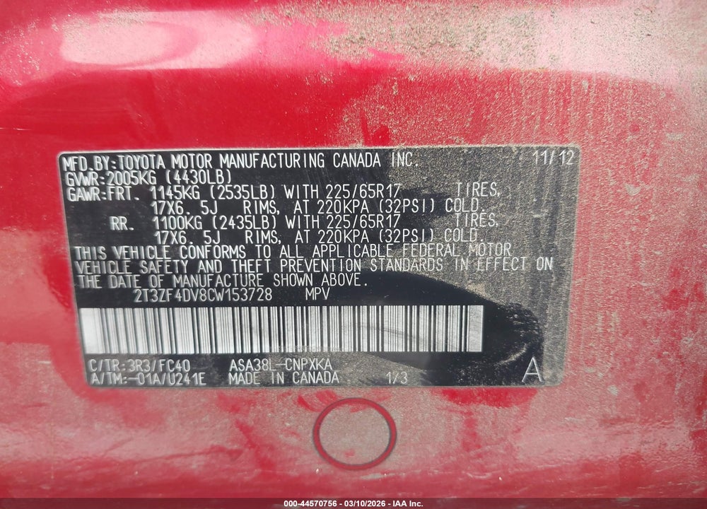 2012 TOYOTA RAV4 VIN: 2T3ZF4DV8CW153728