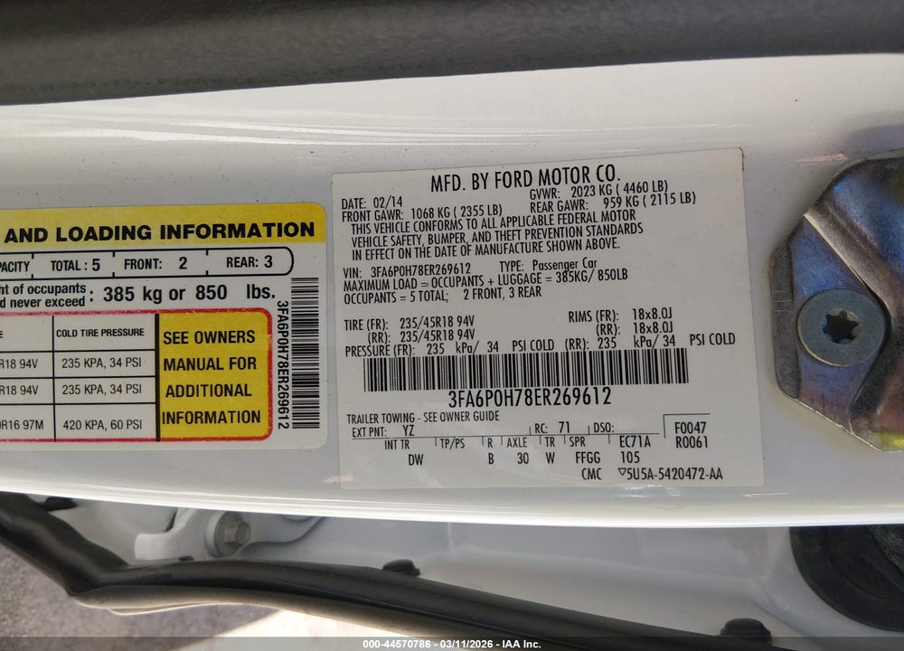 2014 FORD FUSION SE VIN: 3FA6P0H78ER269612