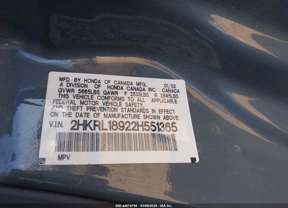2002 HONDA ODYSSEY EX-L VIN: 2HKRL18922H551365