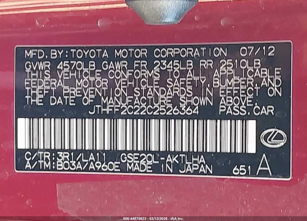 2012 LEXUS IS 250C VIN: JTHFF2C22C2526364