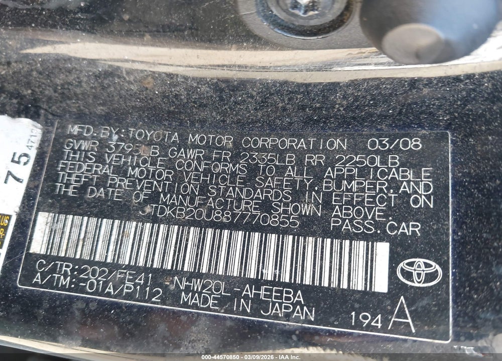 2008 TOYOTA PRIUS VIN: JTDKB20U887770855