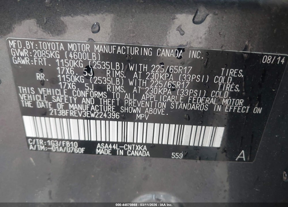 2014 TOYOTA RAV4 LE VIN: 2T3BFREV3EW224396