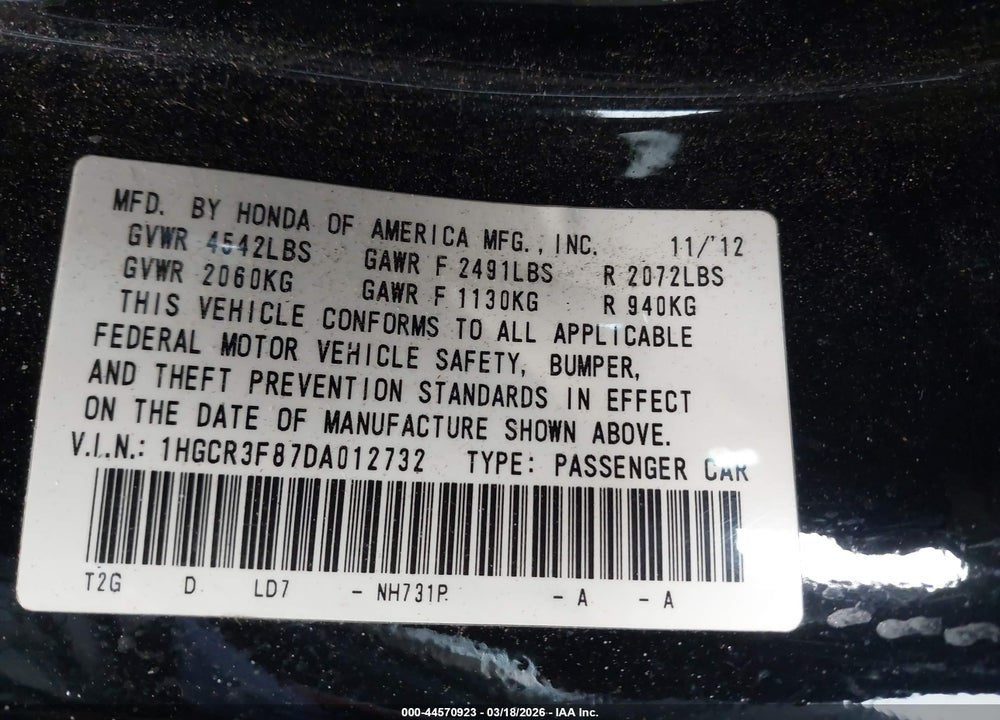 2013 HONDA ACCORD EX-L V-6 VIN: 1HGCR3F87DA012732