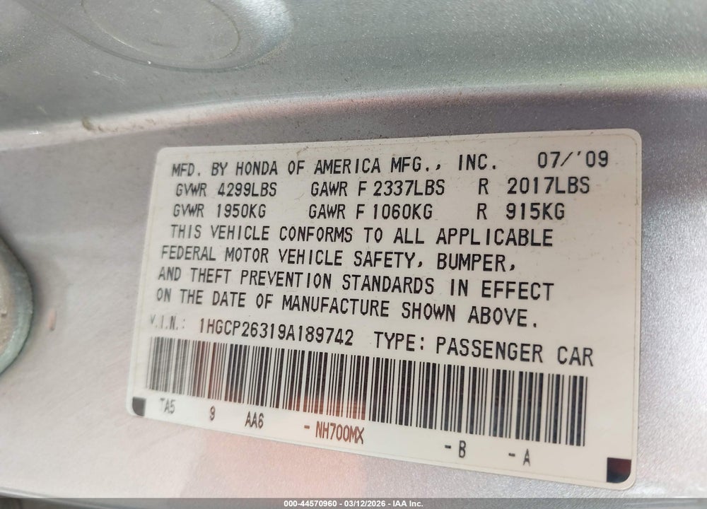 2009 HONDA ACCORD 2.4 LX VIN: 1HGCP26319A189742