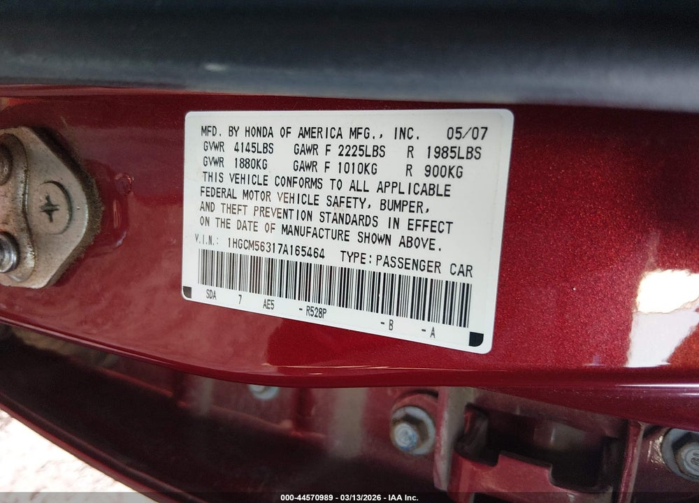 2007 HONDA ACCORD 2.4 SE VIN: 1HGCM56317A165464