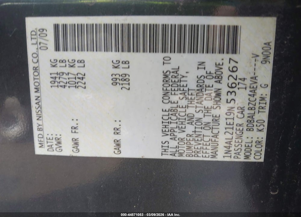 2009 NISSAN ALTIMA 2.5 S VIN: 1N4AL21E19N536267