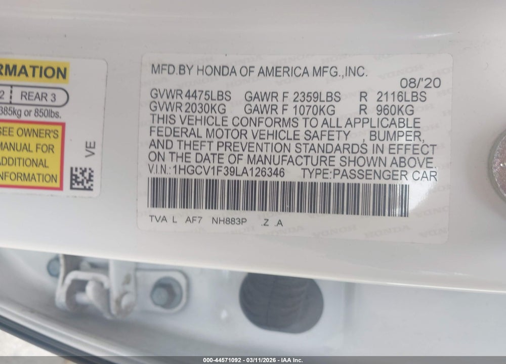 2020 HONDA ACCORD SPORT VIN: 1HGCV1F39LA126346