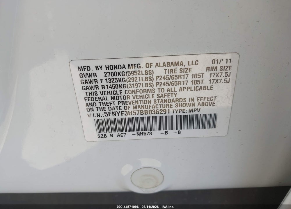 2011 HONDA PILOT EX-L VIN: 5FNYF3H57BB036291