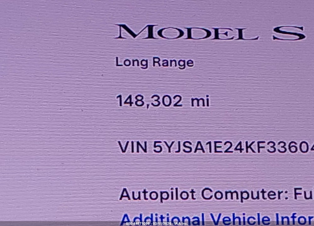 2019 TESLA MODEL S 100D/75D/LONG RANGE/STANDARD RANGE VIN: 5YJSA1E24KF336048