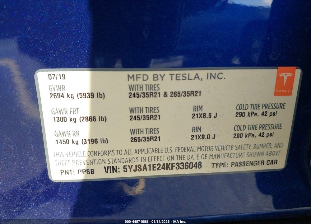 2019 TESLA MODEL S 100D/75D/LONG RANGE/STANDARD RANGE VIN: 5YJSA1E24KF336048