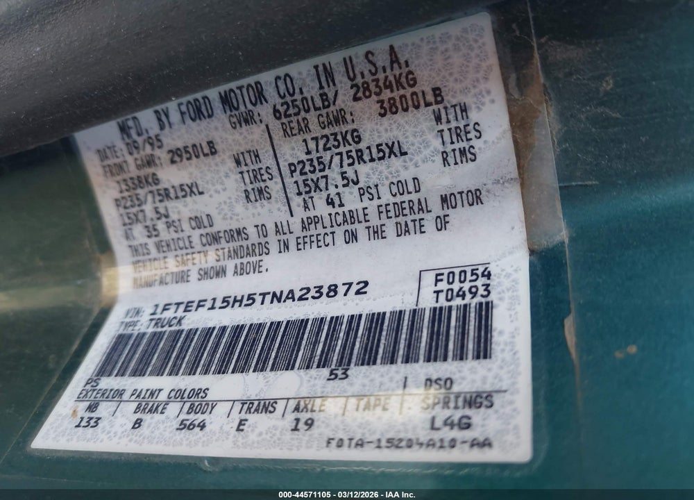 1996 FORD F150 VIN: 1FTEF15H5TNA23872