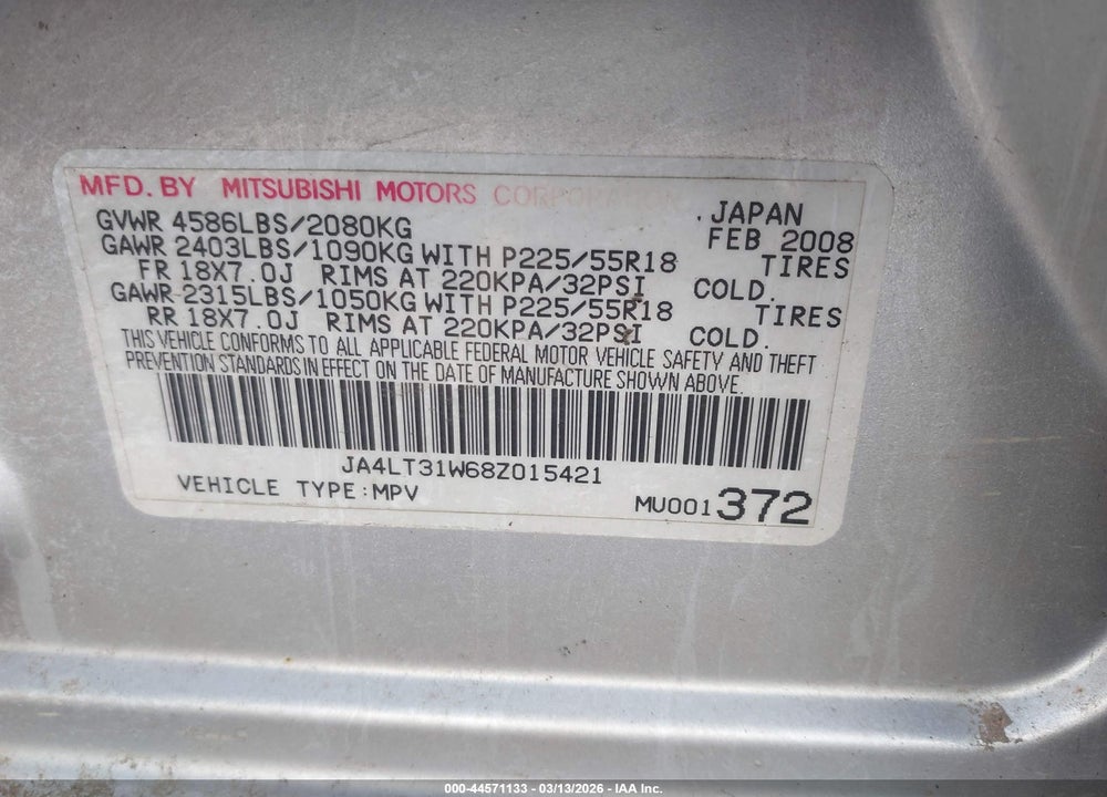 2008 MITSUBISHI OUTLANDER SE VIN: JA4LT31W68Z015421