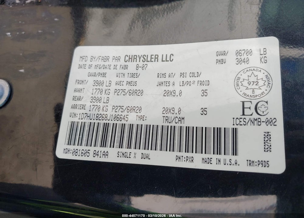 2008 DODGE RAM 1500 SLT VIN: 1D7HU18268J106645