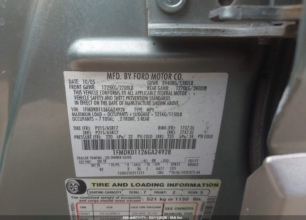 2006 FORD FREESTYLE SE VIN: 1FMDK01126GA24928