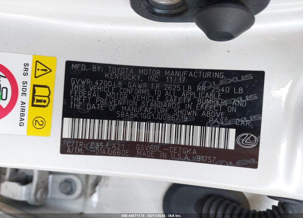2018 LEXUS ES 350 VIN: 58ABK1GG1JU086719